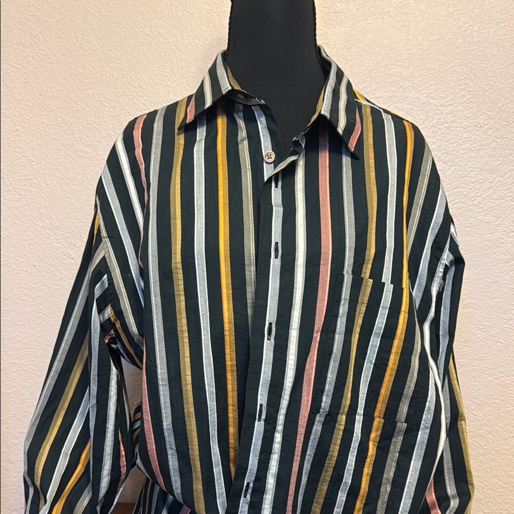 Black and White Casual Button Down Shirt with Stripes